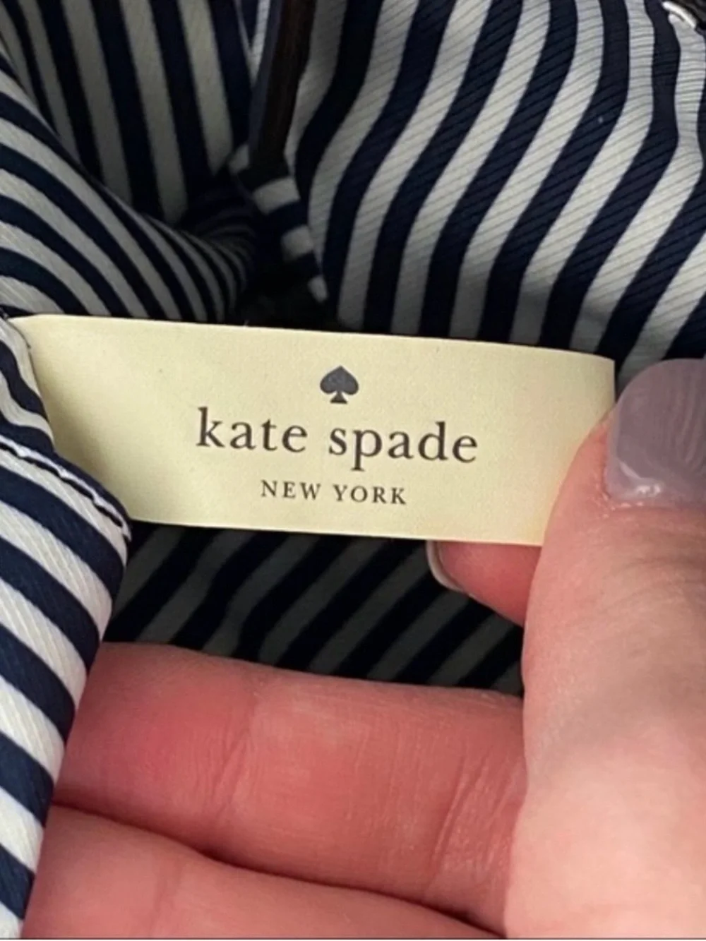 kate spade Beige and Navy Canvas Satchel with Gold Spade Logo